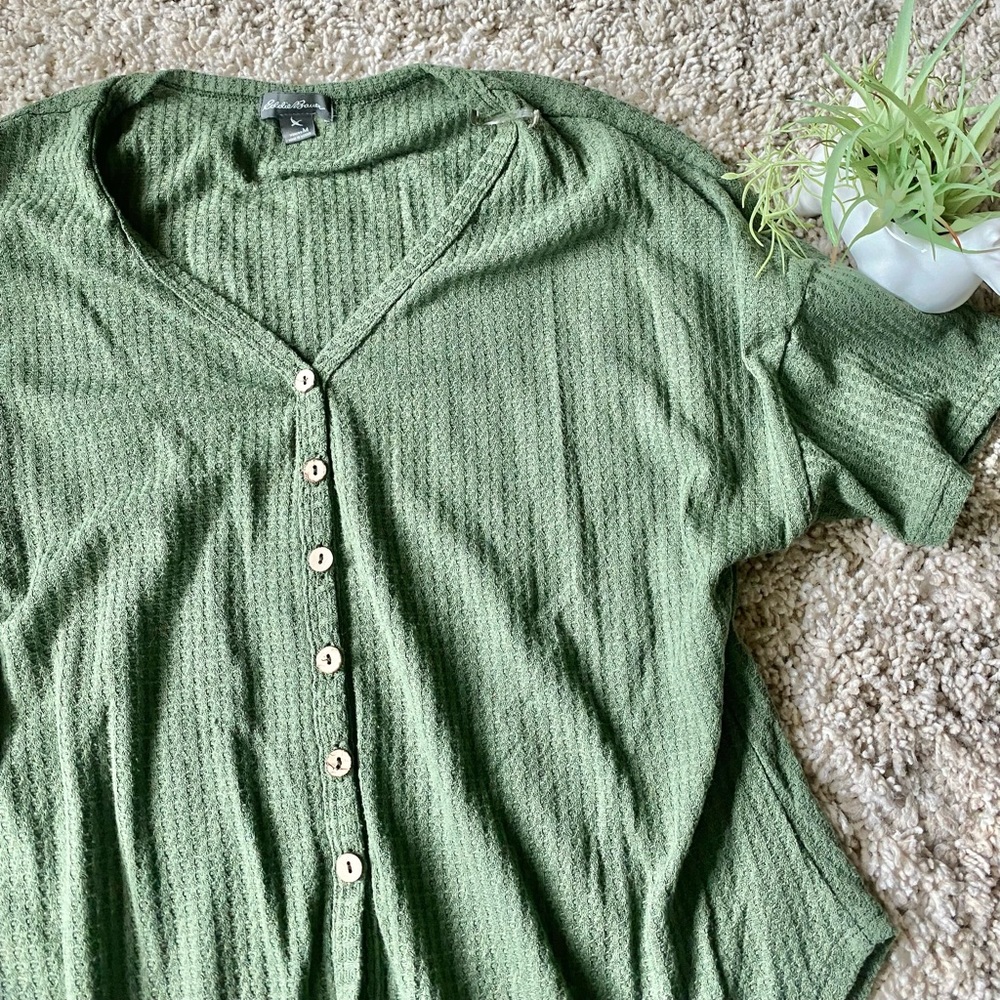Eddie Bauer simple and sleek olive green super soft blouse with buttons